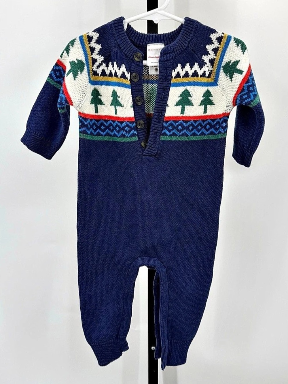 Hanna Andersson Baby Holiday Sweater Romper Blue & White 12-18 mos